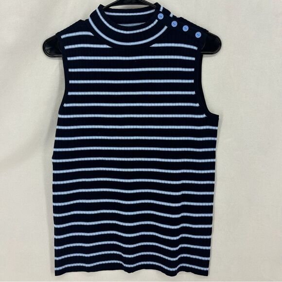 Talbots Women’s Medium Navy Blue Sky Stripes Sleeveless Mock Turtleneck Top - Picture 1 of 9